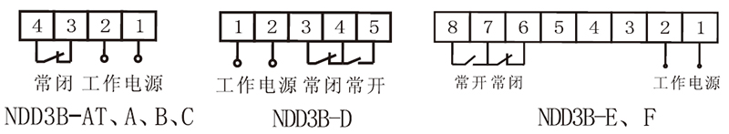常闭 工作电源 NDD3B-AT、A、B、C，工作电源 常闭常开 NDD3B-D，常开常闭 工作电源 BDD3B-E、F